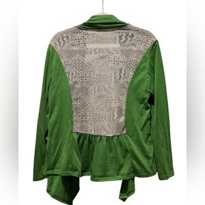 Joseph Q 1X Green Open Front Cardigan • Lace Back • Boho Festive Layering Piece